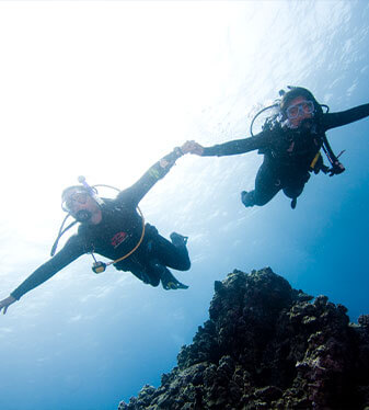 two bone island divers holding hands underwater